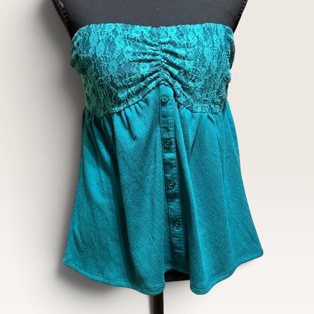 Truth Be Told Teal Green Lace Strapless Tube Top XL NWT Smocked Back Waffle Knit